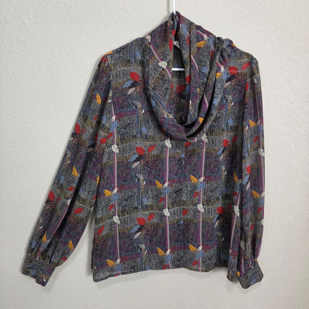 Vintage 80s Blouse Alexandria Womens Large Office Dressy Puff Shoulder Cowl Neck - Picture 2 of 15